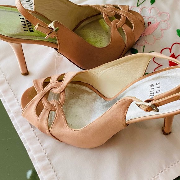 Pink Silk Stuart Weitzman Open Toe Slingback Heels - Picture 7 of 16